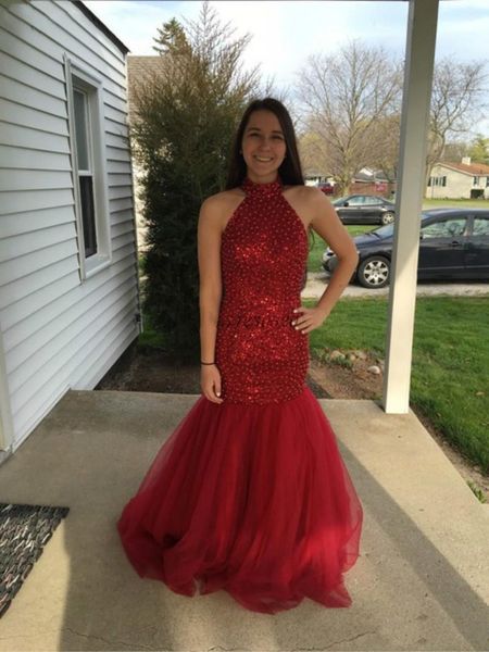 

2020 dark red mermaid prom dresses high neck hollow back sweep train major beading long evening party gowns formal special occasion dress, Black