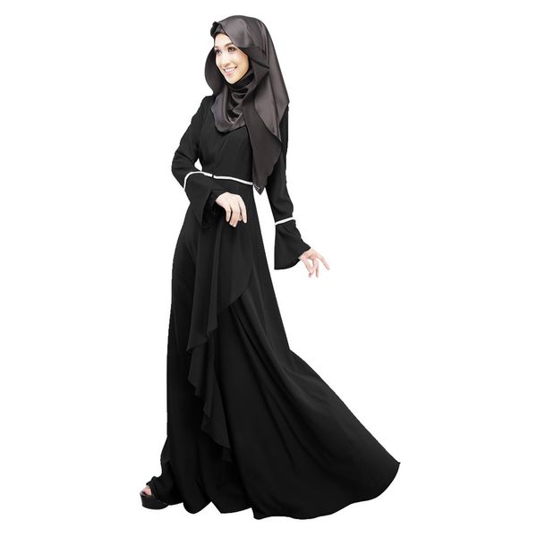 

2019 new casual women muslim loose pure color petal sleeve dress solid color robe clothing abaya islamic arab kaftan dubai l412a, Red