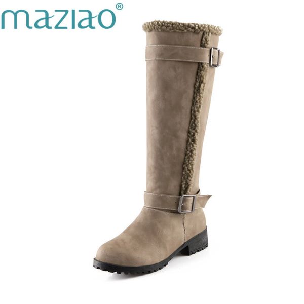 

maziao fashion winter 2 wear new arrive women boots black khaki flock buckle knee high boots med heel round toe big size 34-43