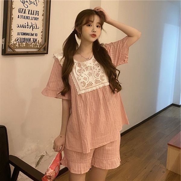 

2020 scheming embroidery hollowed-out small flying sleeve embroidered pajamas pajamas loose nightgown nightgown suit female, Blue;red