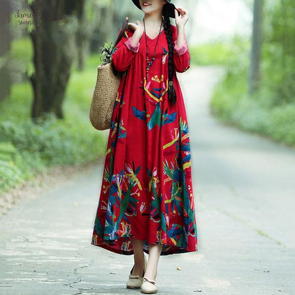 

платье для печати женщины урожай хлопка linen платье contrast длинные рукава робы женщина 2019 весна maxi длинное платье крупногабаритные, Black;gray