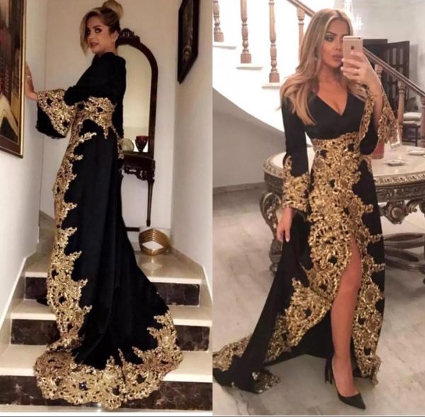 

noble gold lace appliques evening dresses deep v neck front split long sleeve prom party gown formal wear bc1299, Black;red