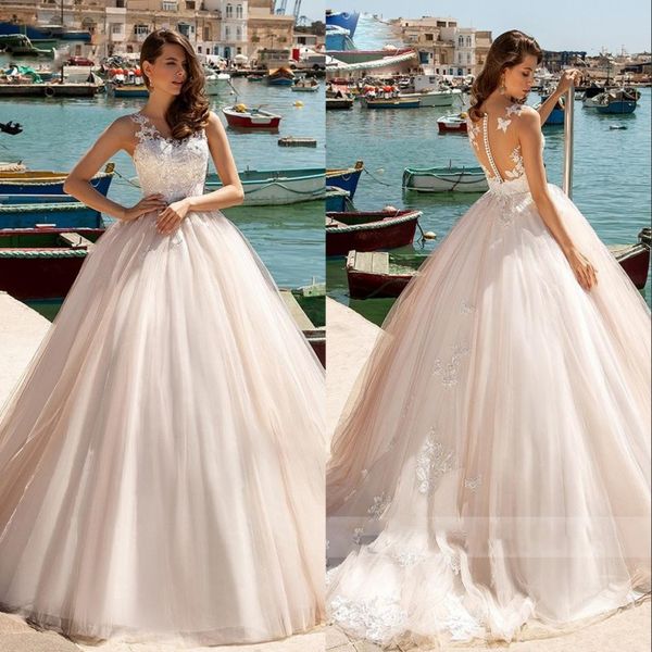 

illusion back princess ball gown wedding dress beading appliques romantic simple beach wedding gowns vestido de noiva, White