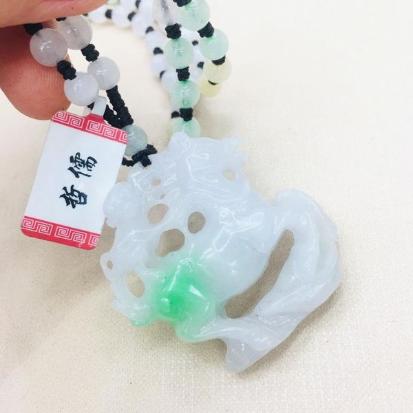 

natural burmese emerald jade carved bottom horse pendant with emerald tri-color bead necklace sweater chain, Silver