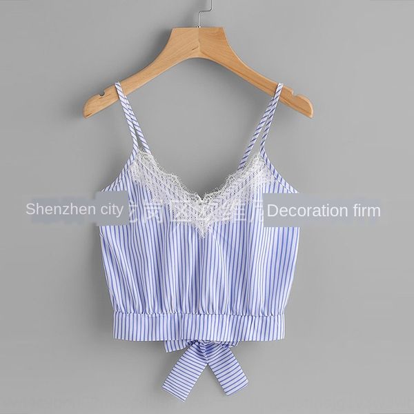 

summer women's striped sling sling shirt eyelash lace suspender shirt, Camo