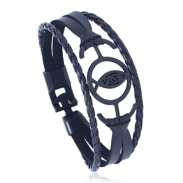 

punk leather bracelet braided rope alloy jesus cuff bracelets for women male wristband men bracelet jewelry, Golden;silver