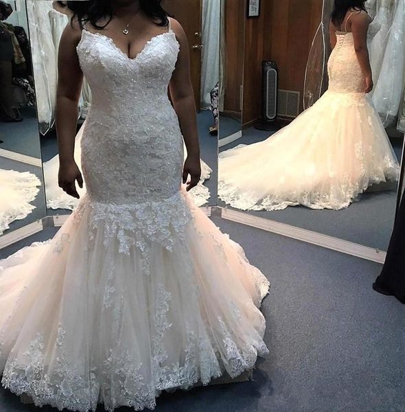 

africa plus size mermaid wedding dresses 2020 spaghetti strap lace-up back appliques beaded vestido de novia long lace bridal gowns custom, White