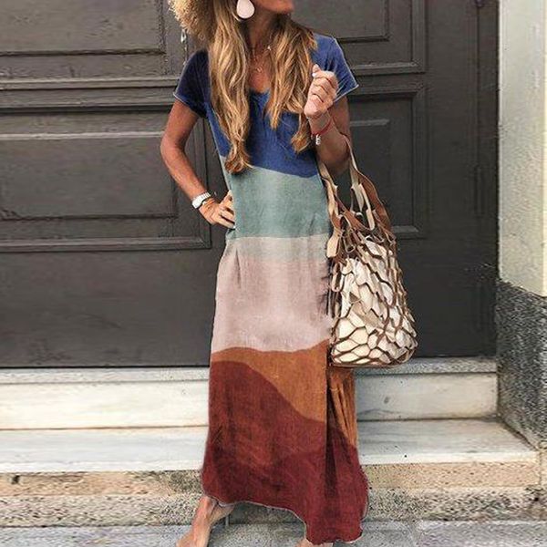 

новое лето женщин платья макси сыпучие повседневные печати v шеи сращивание lady club party длинных платья vestidos де verano платье женщина, Black;gray