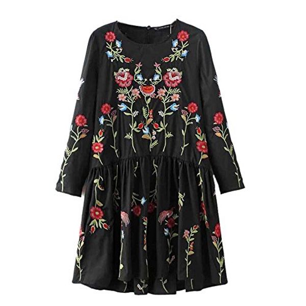 

viport women's full floral embroidered ruffled flared dress 3/4 mandarin sleeve black, Black;gray