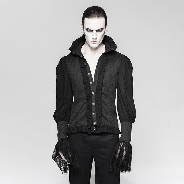 

punk rave men gothic dovetail shirt steampunk vintage evening party shirt lace sleeve black blouses with stand collar, White;black