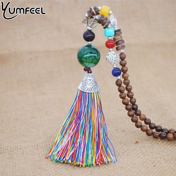 

yumfeel new vintage bohemian necklace handmade wood beads tibetan multi tassel natural green stone necklace jewelry women, Silver