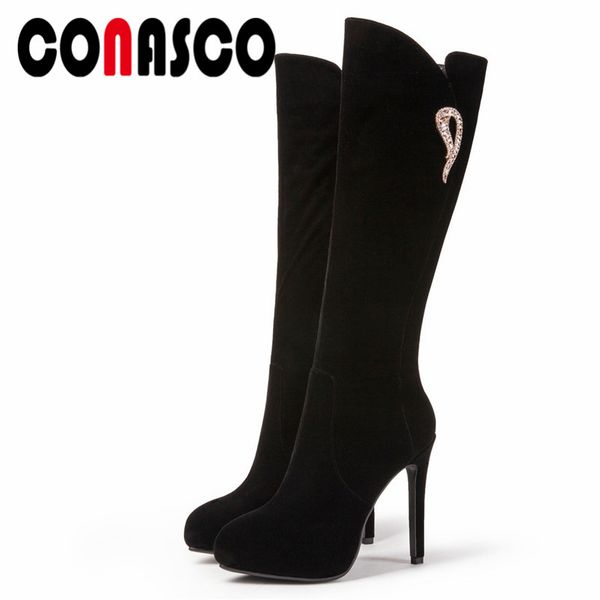 

conasco new women knee high boots autumn winter 12cm super high heels knight boots zipper warm snow shoes woman rhinestone pumps, Black