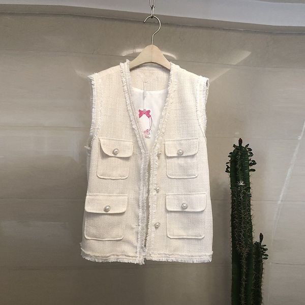 

без рукавов однобортный v-образным вырезом женские твидовые жилеты высшего качества корейские тонкие карманы модные женские свободные жилеты, Black;white