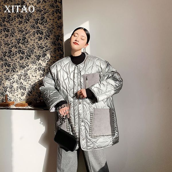 

xitao striped loose parkas fashion new 2019 winter full sleeve pocket patchwork small fresh plus size minority park coat xj3036, Black