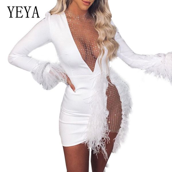 

yeya diamond feather mesh patchwork dress new fashion v- neck long sleeve bodycon mini autumn dress women eleagnt dresses, Black;gray