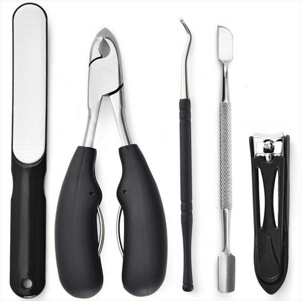 

black nail cuticle pusher clipper scissor nipper tweezer picker stainless steel manicure diy nail art tools kit 5pcs/set