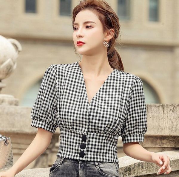 

2020 новой летней моды плед блуза женщин v образным вырезом с коротким рукавом crop top r982, White