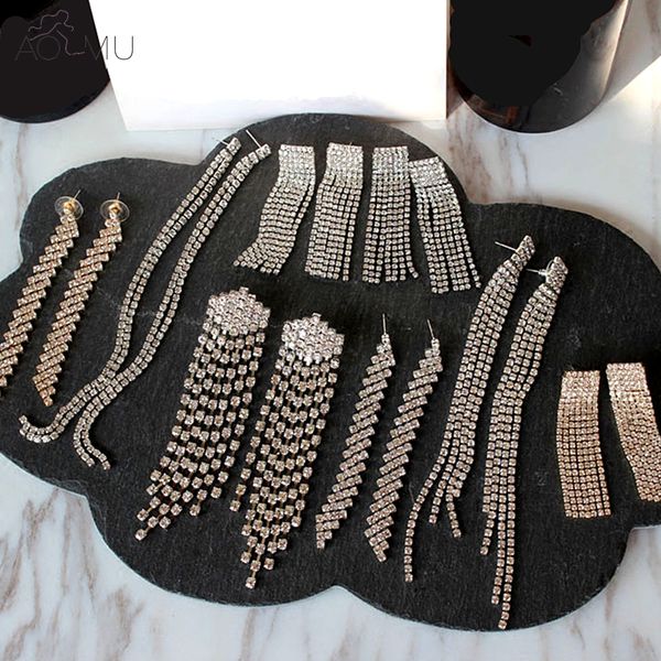 

aomu new asymmetric bling crystal rhinestone long tassel drop dangle earrings for women luxury wedding statement jewelry earring, Silver