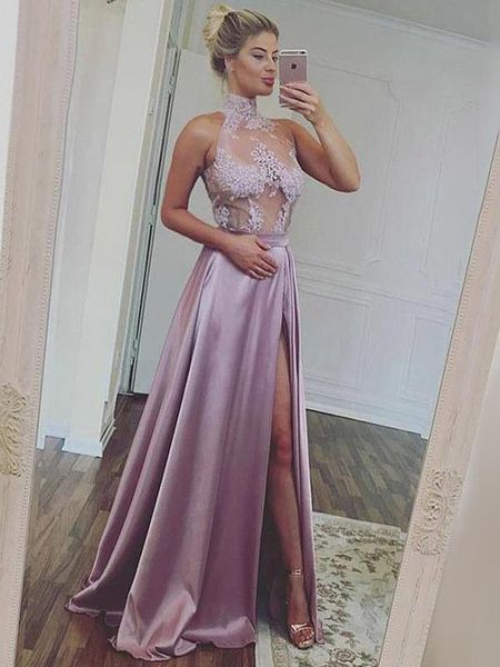 

2019 high neck prom dress lace appliques see-through side split party gowns evening dress girls dress, Black