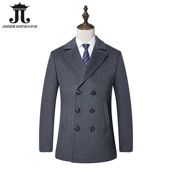

2019 brand men's woolen overcoat 50% pure wool for men in autumn and winter double breasted wool coat, Black