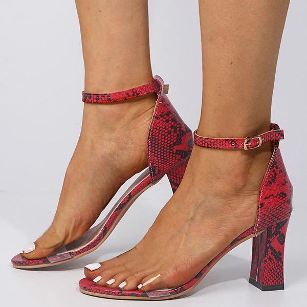 

fashion 2020 summer women's sandals pu buckle straps square high heels shoes snake prints high heel dance sandals solid 35-43, Black