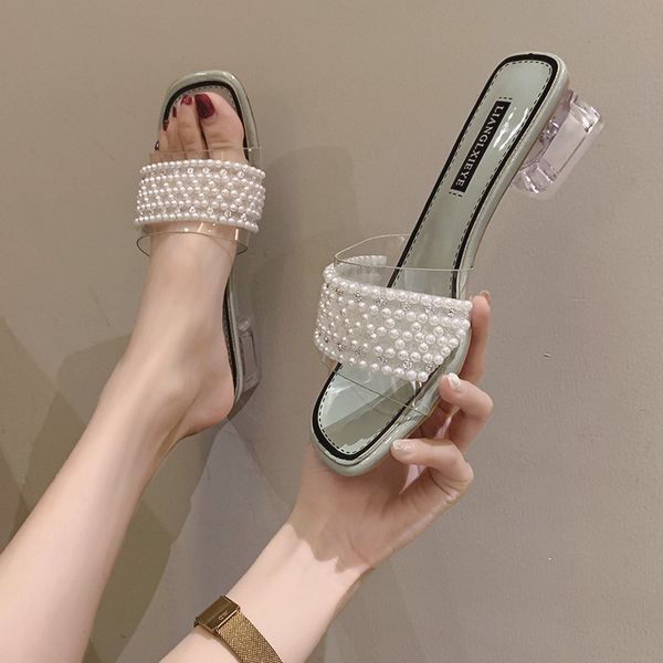 

shoes slippers casual square heel slides jelly flip flops slipers women med string bead block glitter 2020 soft fashion, Black
