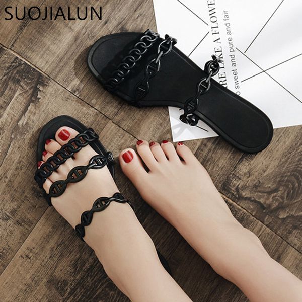 

suojialun 2019 new fashion chain slippers sandals open toe beach flip flops women summer slippers outside date flat slides, Black