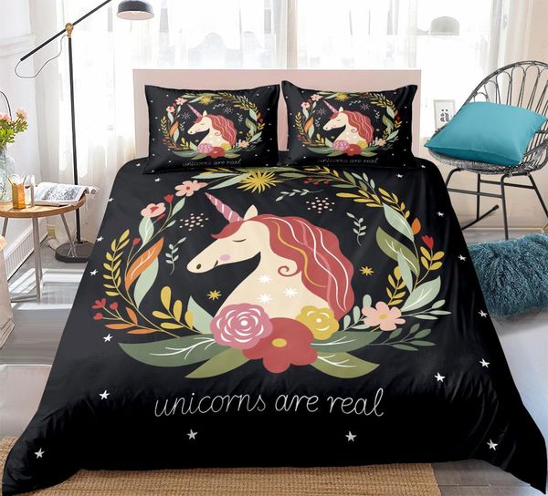 

unicorn print duvet cover set cartoon pattern bedding set flower bedclothes with pillowcase for kids girls dropship