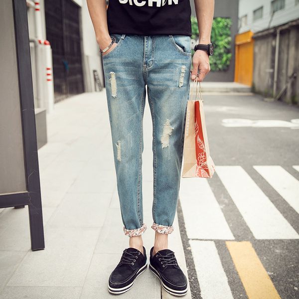 

wash and wear processing youth cotton nine-cent trousers 2019 men's new summer thin section distressed jeans lightweight, Blue