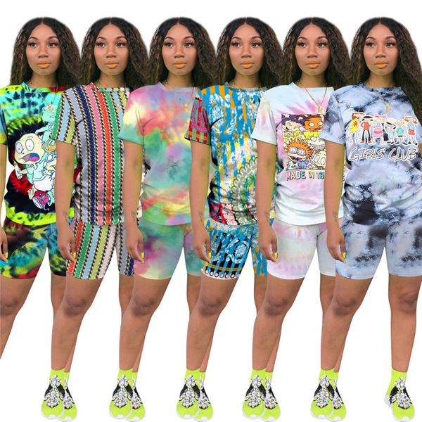 

tie dyed cartoon print tracksuits women summer designer two piece shorts set multi sports suit jogging suits short sleeve 2 piece outfits, Gray