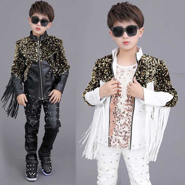 

hip hop costume boys fashion sequin fringed coat jazz performance clothing street dancewear kids modern dancing outfits dn4974, Black;red