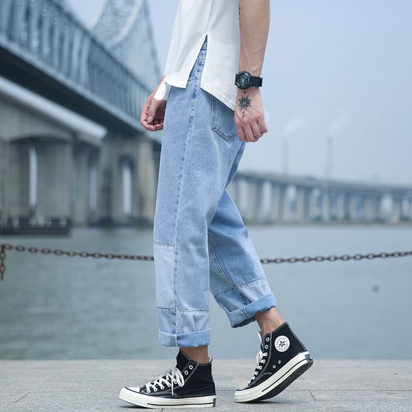 

2020 spring and autumn new youth popular men's korean version of loose stitching wide leg jeans fashion casual straight pants, Blue