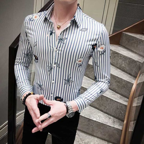 

2020 spring new men's fashions slim fit stripe print dress shirt casual long sleeves men shirt for man chemise homme, White;black