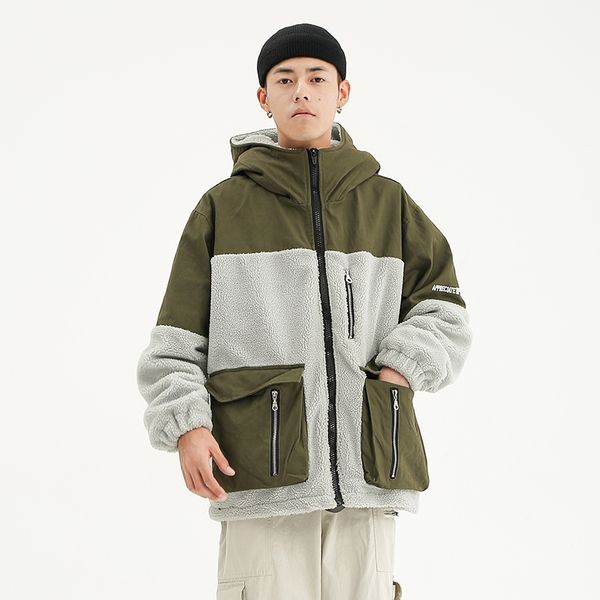 

f426 hooded polar fleece winter jacket for boy patchwork coral fleece jacket 2020 streetwear winter polar men jack, Black;brown