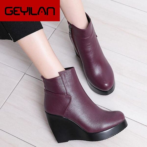 

2020 genuine leather autumn winter boots shoes women ankle boots female wedges women boot platform shoes, Black