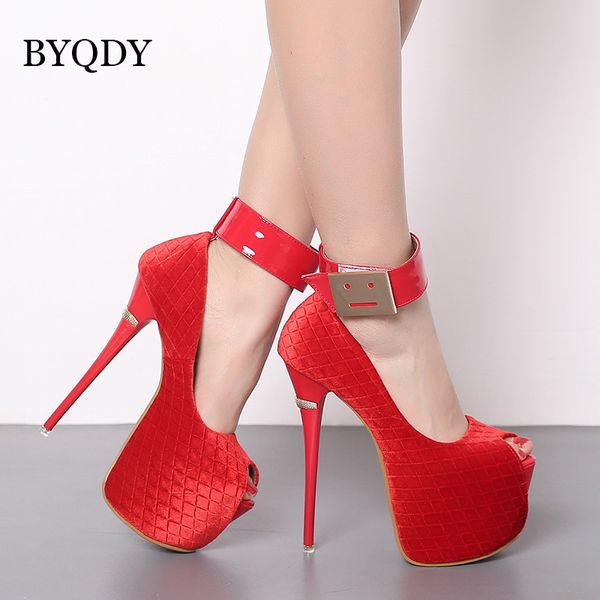 

byqdy fashion woman high heels shoes ladies open peep toe ultra high heel lady platform buckles pumps block heel wedding shoes, Black