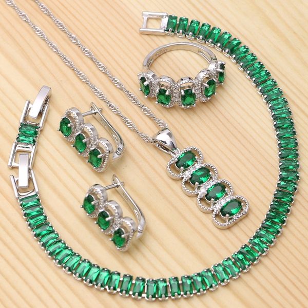 

925 sterling silver bridal jewelry sets for women wedding green cubic zirconia ring bracelet necklace pendant earrings, Slivery;golden