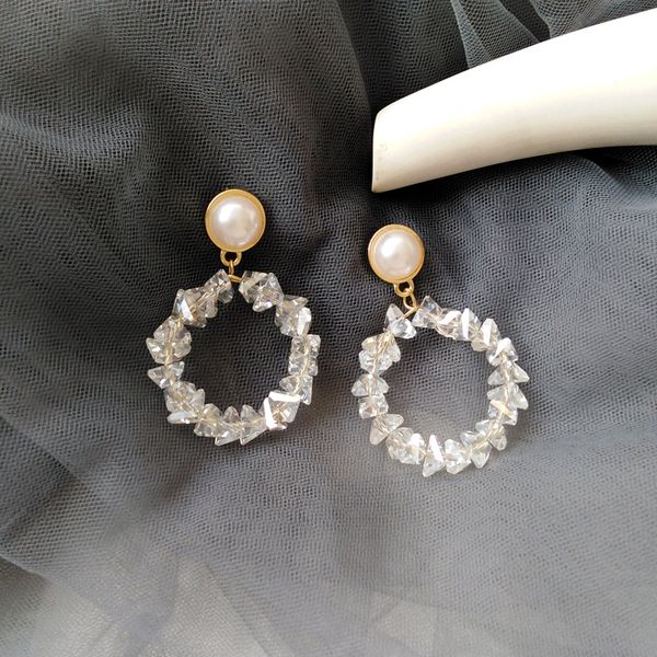 

japan natrual crystal stone clips on earring without piercing korea fashion shiny pearl hoop earrings no pierced hole, Silver