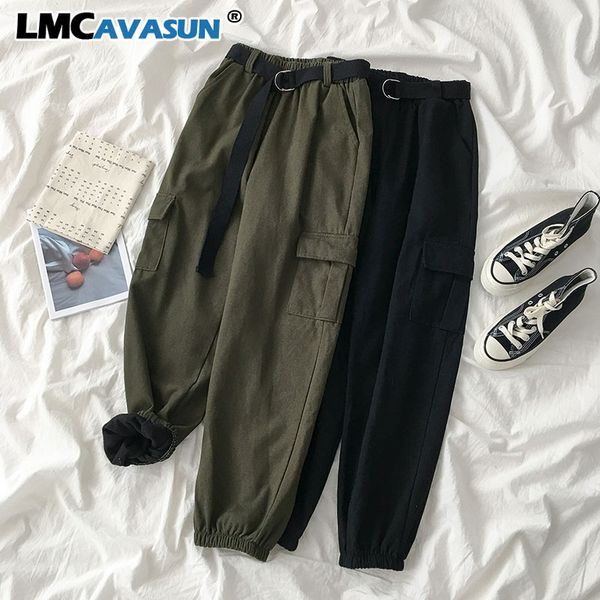 

утолщение сафари стиль длинные брюки женщины harajuku повседневная высокая талия свободные брюки брюки женская уличная одежда зеленый черный, Black;white