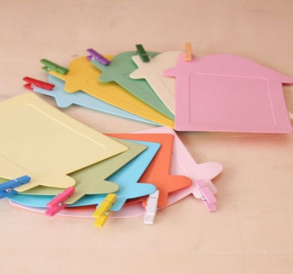 

бесплатная доставка! 10шт / серия 5" красочный дом форма бумаги фоторамка с веревкой клип декор стены фото висячие рамы home decor