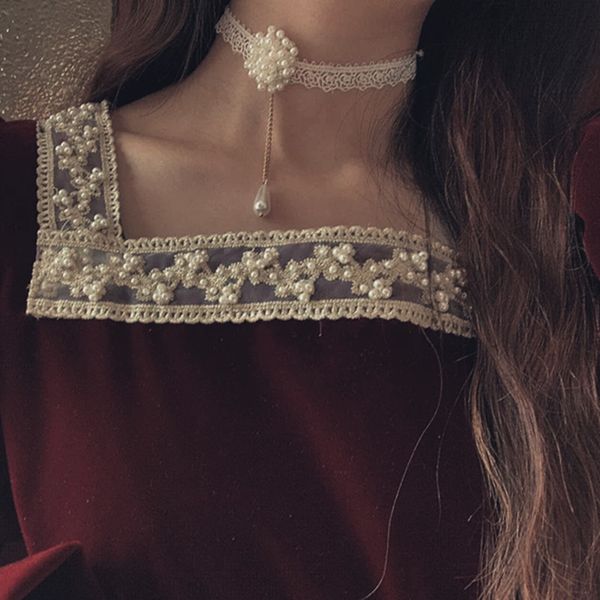 

fflacell summer fashion jewelry accessories hollow out pearl lace white black choker necklace for women gifts, Silver