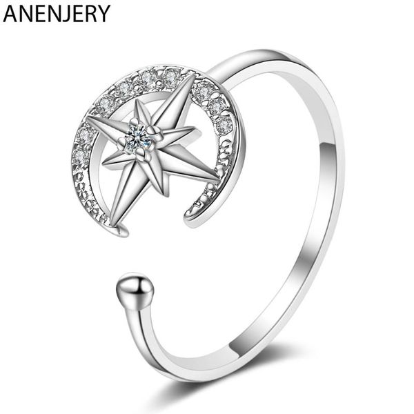 

anenjery simple mosaic cubic zircon open finger ring 925 sterling silver moon star rings for women wedding engagement s-r621, Golden;silver