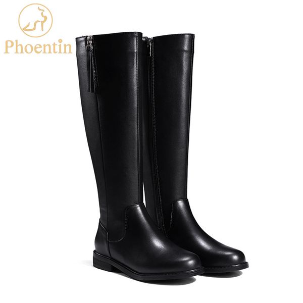 

phoentin zipper knee high boots for women genuine leather flat womens riding boots low heels black color bota feminina ft451