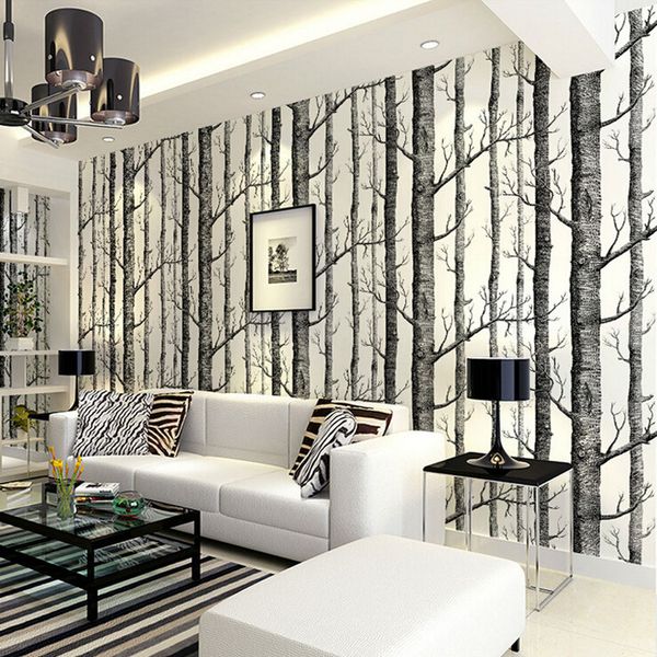 

53cmx10m moisture-proof forest non-woven wallpaper black and white trunk branches birch forest sofa tv bed background wallpaper