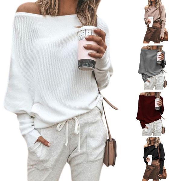 

women autumn spring off shoulder sweater long batwing sleeves solid color knitted pullover loose casual knitwear jumper new, White;black