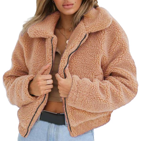 

s-3xl women fluffy faux fur coat 2018 winter plush fleece thick warm shaggy jacket overcoat female lapel zipper outwear casaco, Black