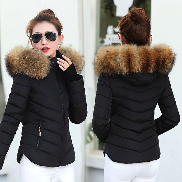 

поддельный меховой воротник parka вниз куртки хлопка 2019 коротких зимней куртка женщины толстого снега одежды пальто lady одежда женские ку, Tan;black
