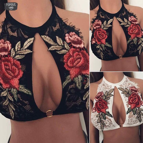

floral fashion lady lace embroiedry tanks short lace up crop s-xl size, White