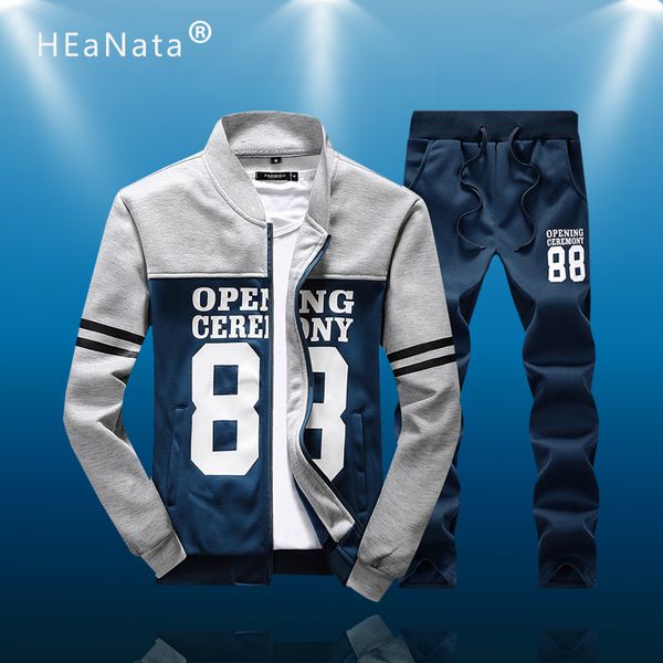 

men's hoodies suit men letter patchwork sport set autumn winter running sportswear tracksuit casua zipper jacket+pants men set, Black;blue