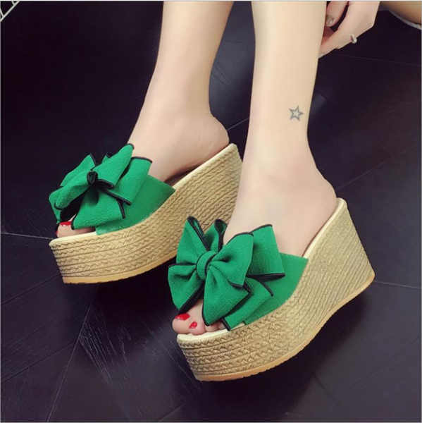

oeing bow tied slip on leisure platform summer sandals 2020 wedges high heels women shoes woman mules flip flops, Black
